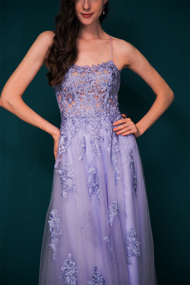 Lavender Spaghetti Strap Lace Appliques High split Prom Dress-stylesnuggle