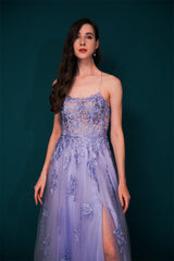 Lavender Spaghetti Strap Lace Appliques High split Prom Dress-stylesnuggle