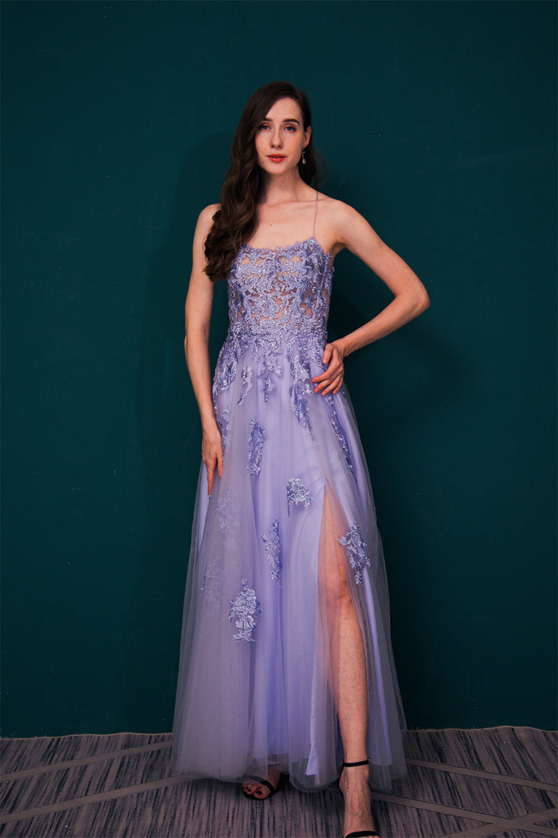 Lavender Spaghetti Strap Lace Appliques High split Prom Dress-stylesnuggle