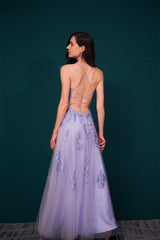 Lavender Spaghetti Strap Lace Appliques High split Prom Dress-stylesnuggle