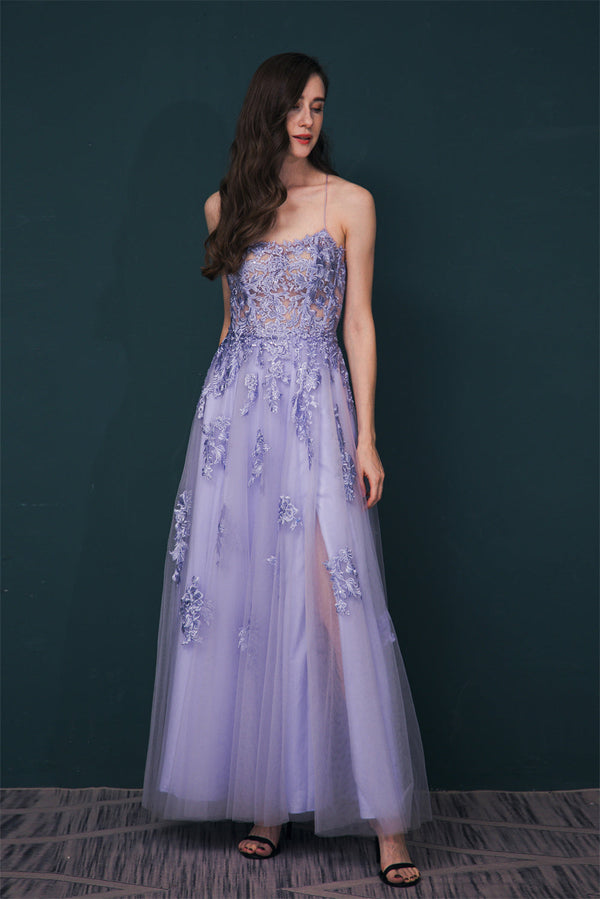 Lavender Spaghetti Strap Lace Appliques High split Prom Dress-stylesnuggle