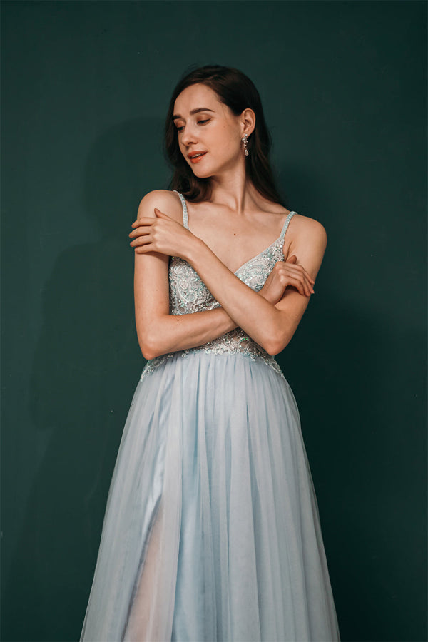 Light blue See-through Sparkle Appliques Prom Dress-stylesnuggle