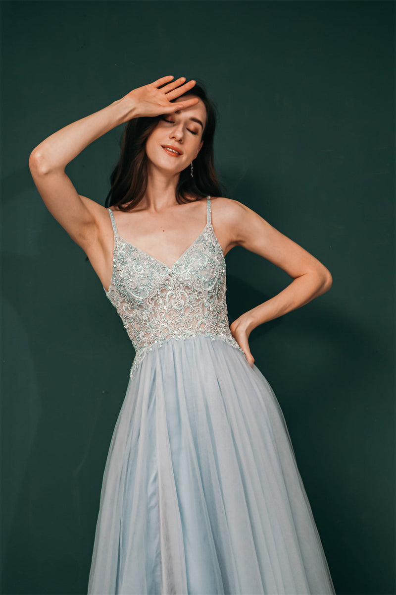 Light blue See-through Sparkle Appliques Prom Dress-stylesnuggle