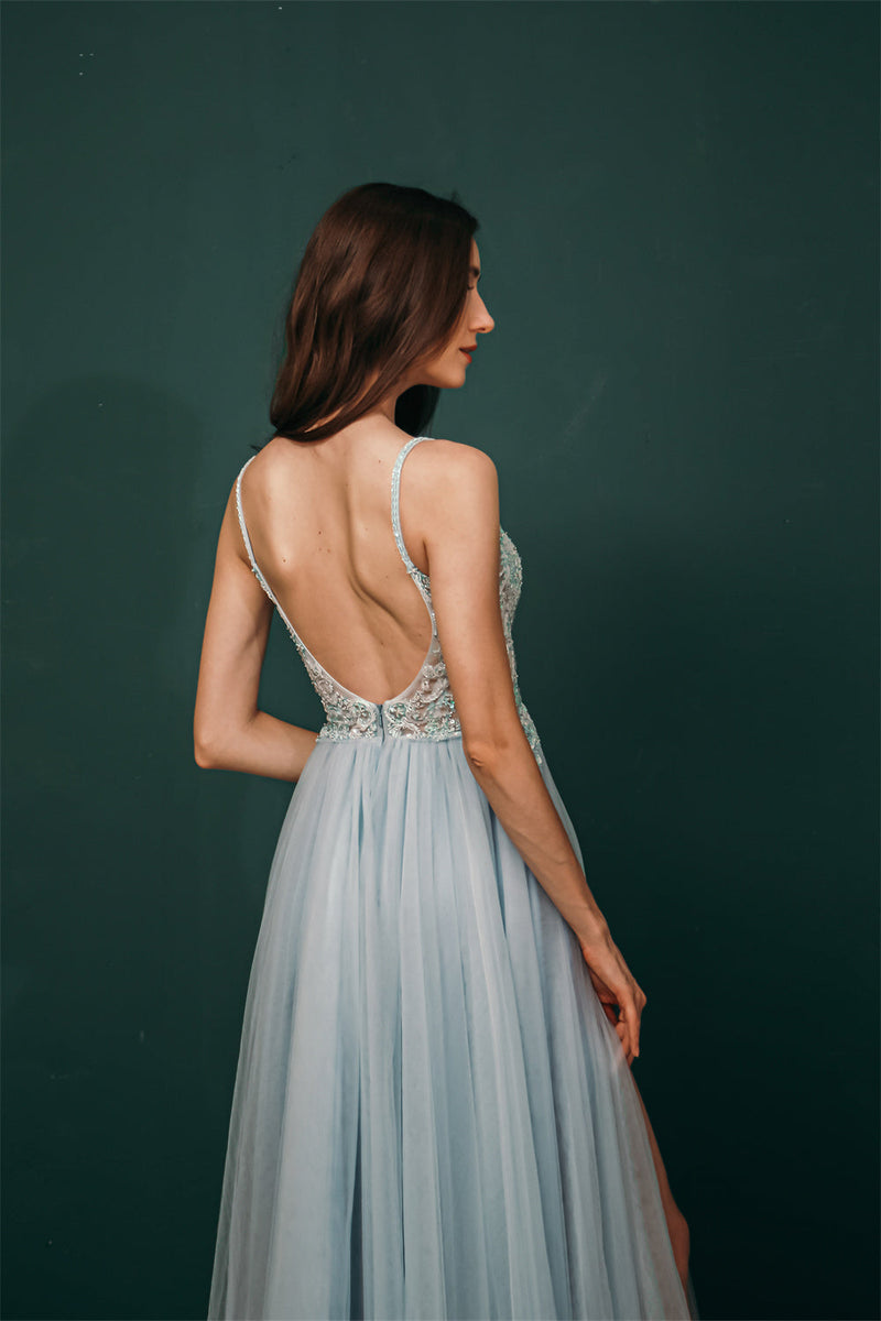 Light blue See-through Sparkle Appliques Prom Dress-stylesnuggle