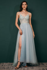 Light blue See-through Sparkle Appliques Prom Dress-stylesnuggle