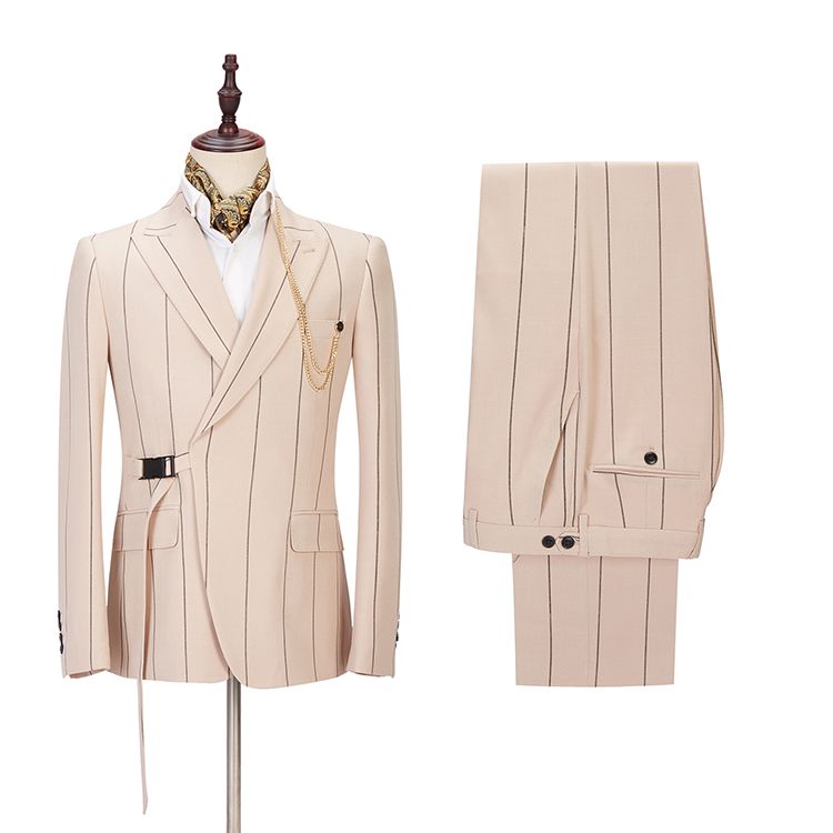 Light Champagne Designer Striped Peaked Lapel Men's Prom Suits-stylesnuggle