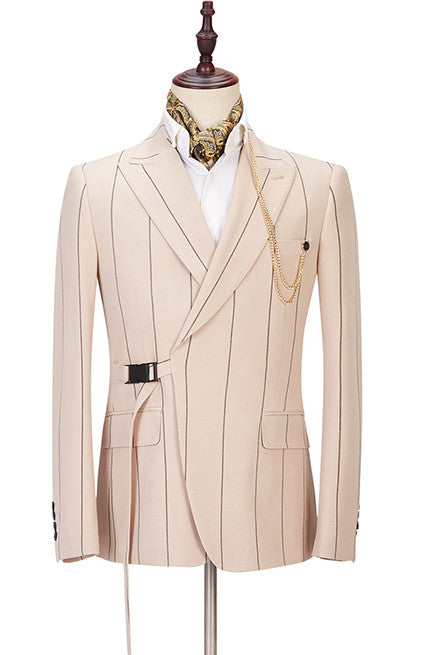 Light Champagne Designer Striped Peaked Lapel Men's Prom Suits