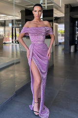 Lilac Off-the-Shoulder Sequins Prom Dress Long With Slit-stylesnuggle