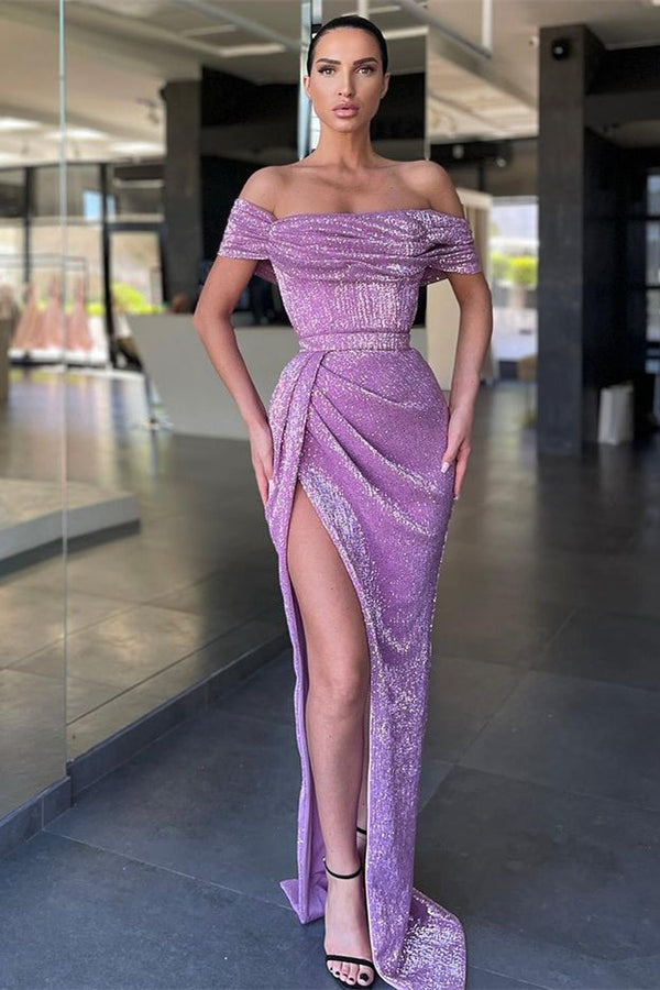 Lilac Off-the-Shoulder Sequins Prom Dress Long With Slit-stylesnuggle