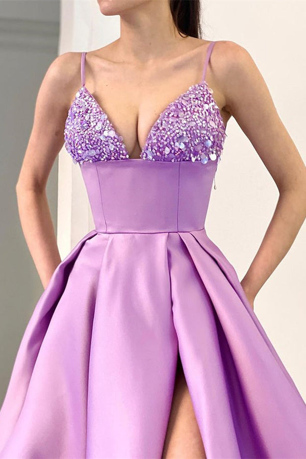 Lilac Spaghetti-Straps Sleeveless Prom Dress Split Long With Sequins-stylesnuggle