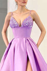 Lilac Spaghetti-Straps Sleeveless Prom Dress Split Long With Sequins-stylesnuggle