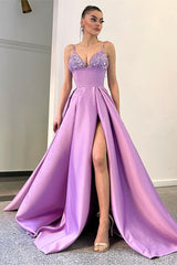 Lilac Spaghetti-Straps Sleeveless Prom Dress Split Long With Sequins-stylesnuggle