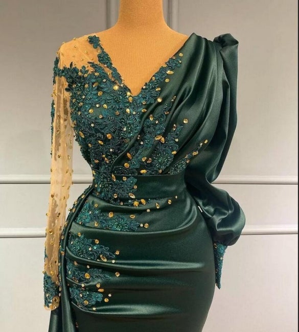 Long Dark Green Elegant Mermaid Prom Dress with Sleeves-stylesnuggle