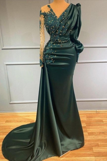 Long Dark Green Elegant Mermaid Prom Dress with Sleeves-stylesnuggle