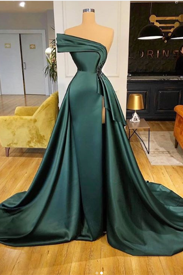 Long Dark Green Satin Prom Dresses Elegant Split Evening Gowns-stylesnuggle