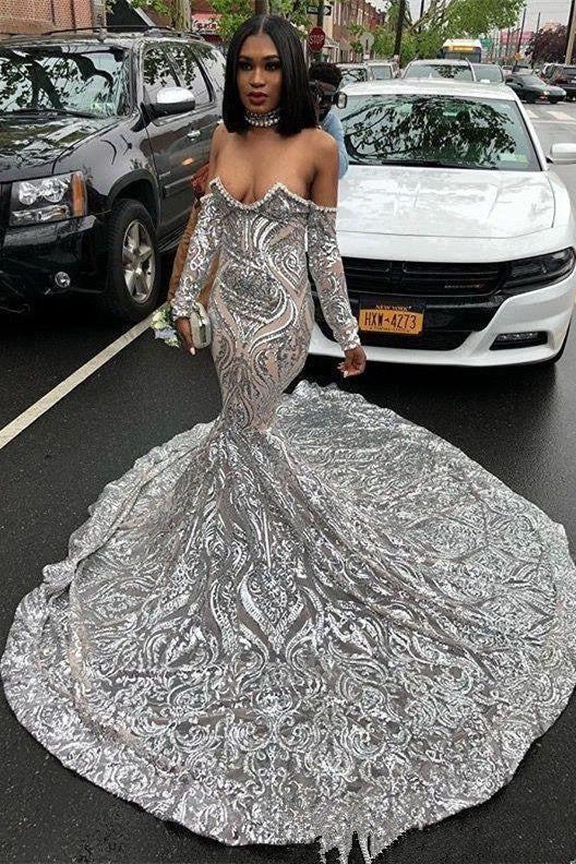 Long Sexy Sweetheart Silvery Mermaid Prom Dress Sequins Long Sleeves-stylesnuggle