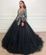 Long Sleeves Ball Gown Prom Dress Sequins Black V-Neck Long Tulle-stylesnuggle