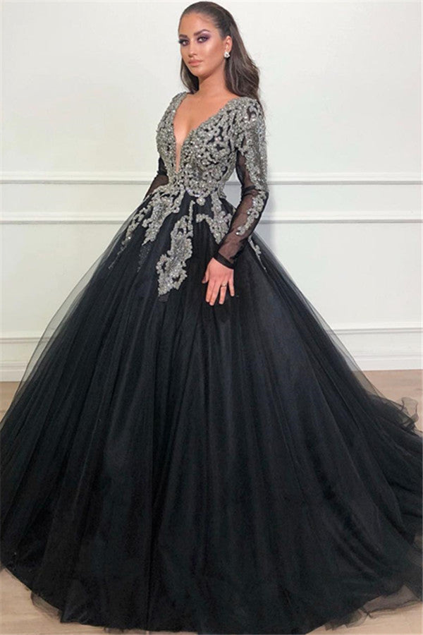 Long Sleeves Ball Gown Prom Dress Sequins Black V-Neck Long Tulle-stylesnuggle