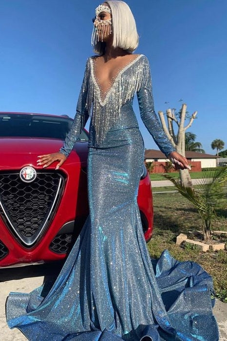 Long Sleeves Deep V-Neck Mermaid Prom Dress Sequins Royal Blue Red Long-stylesnuggle