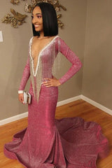 Long Sleeves Deep V-Neck Mermaid Prom Dress Sequins Royal Blue Red Long-stylesnuggle