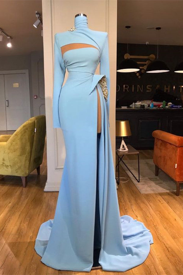 Long Sleeves High Neck Mermaid Prom Dress Long With Slit-stylesnuggle