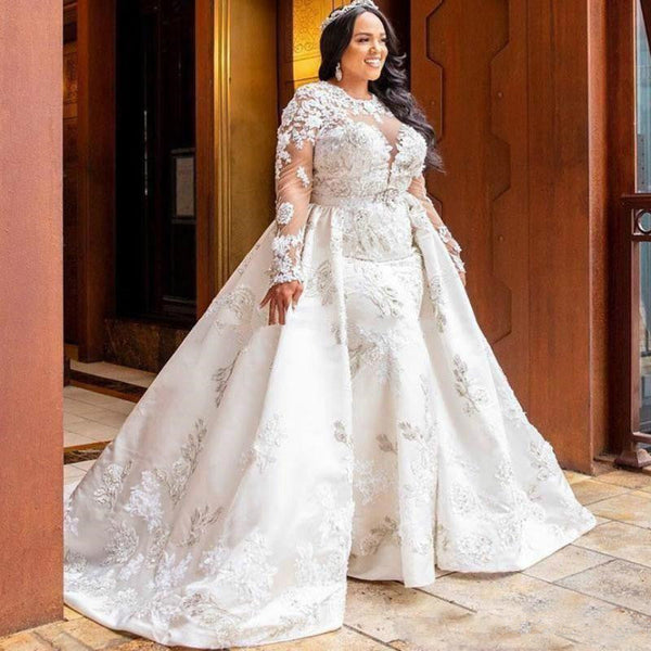 stylesnuggle.com supplies you Long Sleeves Lace White Mermaid Bridal Gowns with Trendy Overskirt at reasonable price. Fast delivery worldwide. 