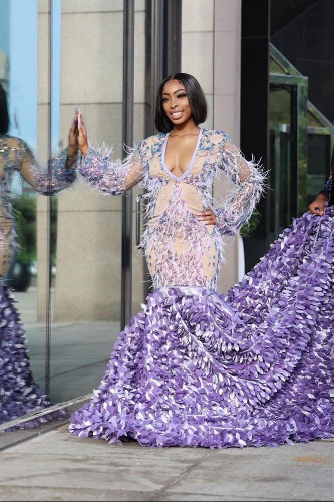 Looking for Prom Dresses, Evening Dresses in Satin,  Mermaid style,  and Gorgeous Feathers work? stylesnuggle has all covered on this elegant Long Sleeves Mermaid Evening Gowns Floral Pattern Sweep Train.