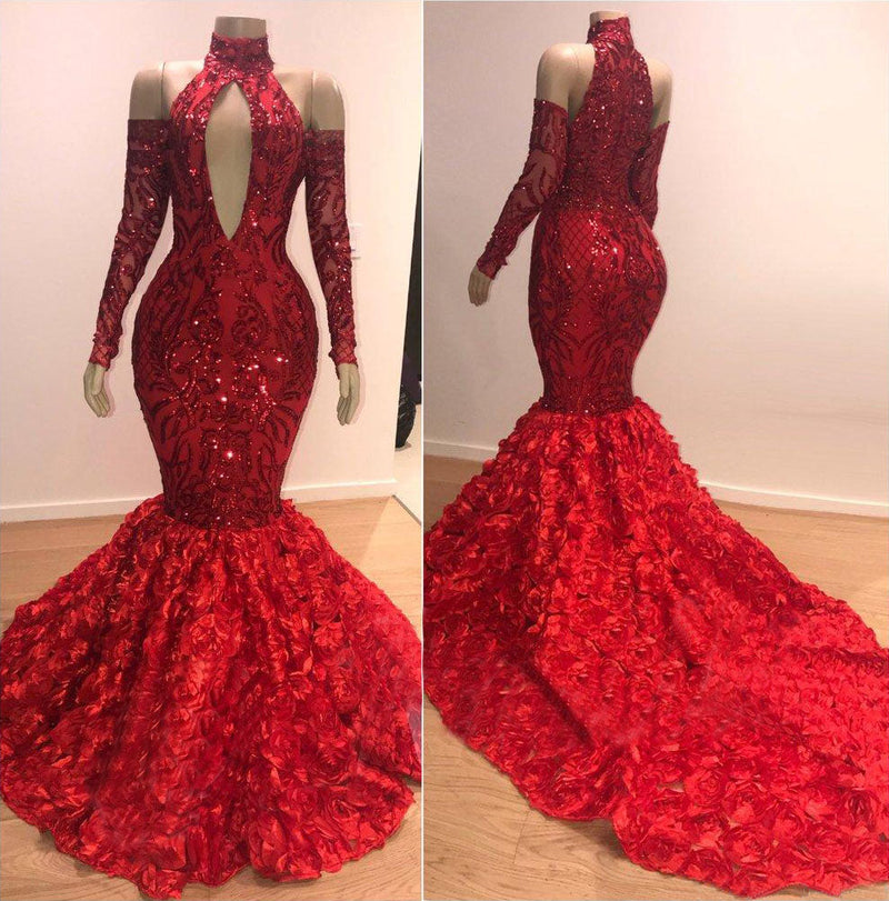 Long Sleeves Modest Halter Mermaid Prom Dress Sequins Long Red-stylesnuggle