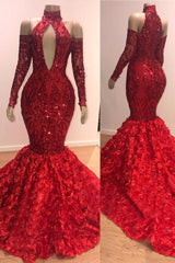 Long Sleeves Modest Halter Mermaid Prom Dress Sequins Long Red-stylesnuggle