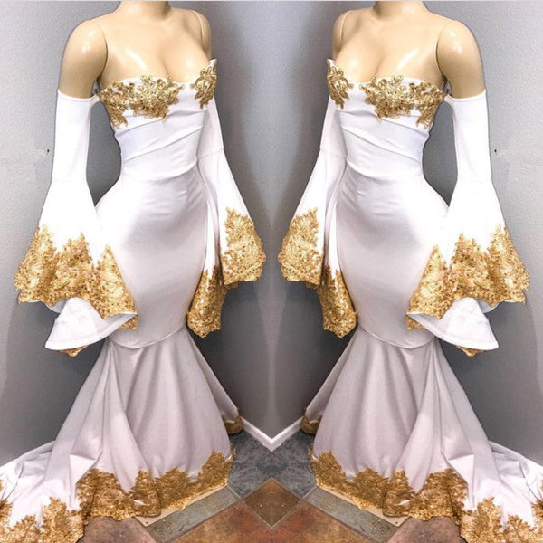 stylesnuggle custom made Long Sleeves Prom Party Gowns with gold appliques,  mermaid New Arrival evening dress with great discount. We provide worldwide shipping and will make the dress perfect for everyone.