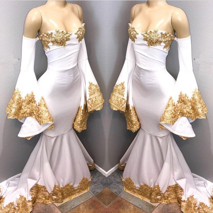 stylesnuggle custom made Long Sleeves Prom Party Gowns with gold appliques,  mermaid New Arrival evening dress with great discount. We provide worldwide shipping and will make the dress perfect for everyone.