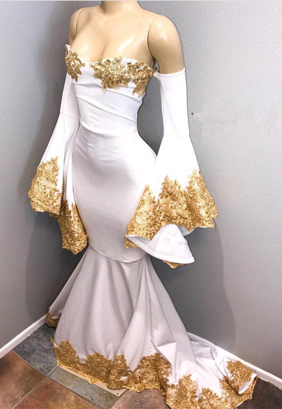 stylesnuggle custom made Long Sleeves Prom Party Gowns with gold appliques,  mermaid New Arrival evening dress with great discount. We provide worldwide shipping and will make the dress perfect for everyone.