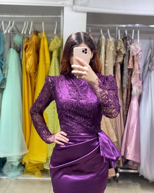 Long Sleeves Purple Mermaid Evening Gown with Lace Appliques-stylesnuggle