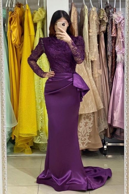 Long Sleeves Purple Mermaid Evening Gown with Lace Appliques-stylesnuggle