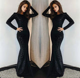 Long Sleeves Round Collar Mermaid Prom Dress Black Sequins Long Chiffon-stylesnuggle