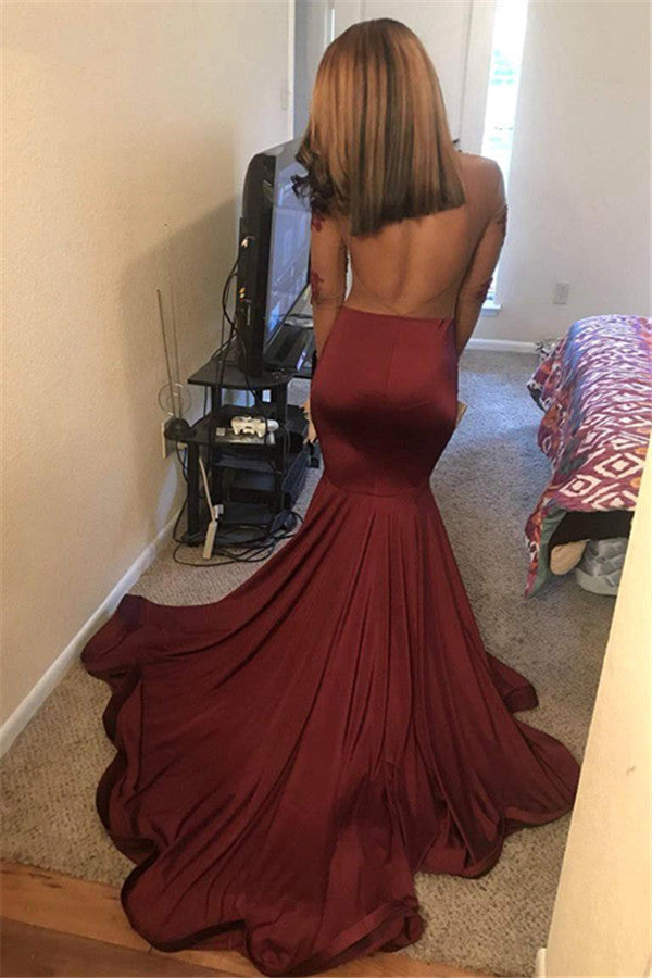 Long Sleeves Round Collar Mermaid Prom Dress Burgundy Applique Long Chiffon-stylesnuggle