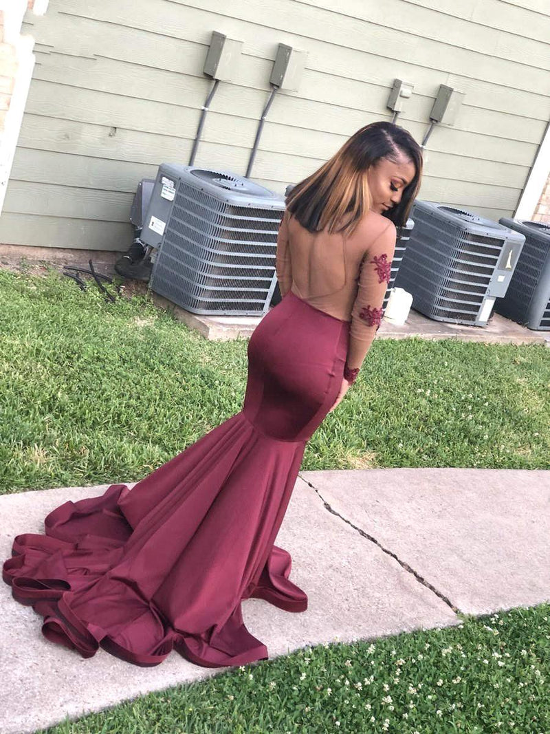 Long Sleeves Round Collar Mermaid Prom Dress Burgundy Applique Long Chiffon-stylesnuggle