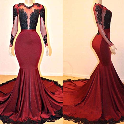 Long Sleeves Round Collar Mermaid Prom Dress Red Sequins Long Chiffon-stylesnuggle