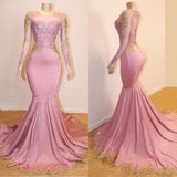 Long Sleeves Round Collar Mermaid Prom Dress Sequins Pink Long Chiffon-stylesnuggle