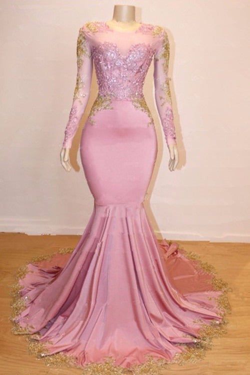 Long Sleeves Round Collar Mermaid Prom Dress Sequins Pink Long Chiffon-stylesnuggle