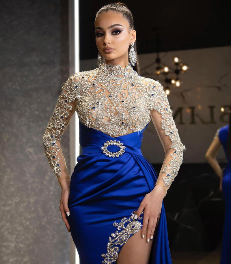 Long sleeves Royal blue High split Sparkle beaded Prom Dresses-stylesnuggle