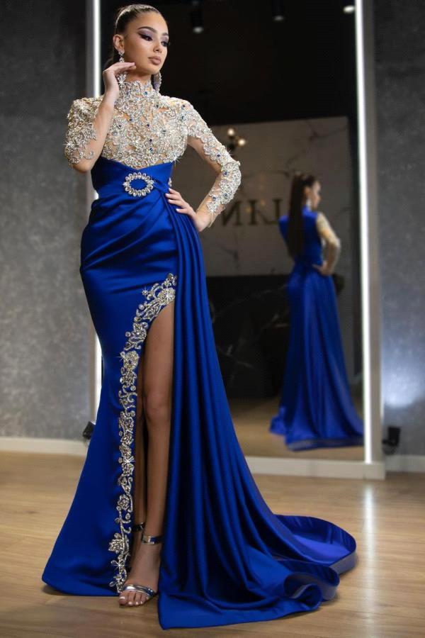 Long sleeves Royal blue High split Sparkle beaded Prom Dresses-stylesnuggle