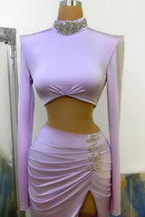 Long Sleeves Small Round Collar Prom Dress Purple Beaded Long Chiffon-stylesnuggle