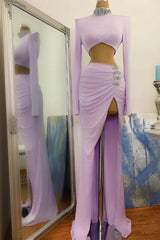 Long Sleeves Small Round Collar Prom Dress Purple Beaded Long Chiffon-stylesnuggle