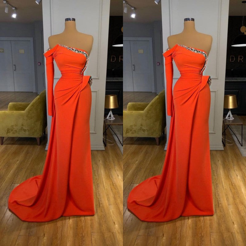 Long sleeves Strapless Orange Sequined Long Prom Dress-stylesnuggle