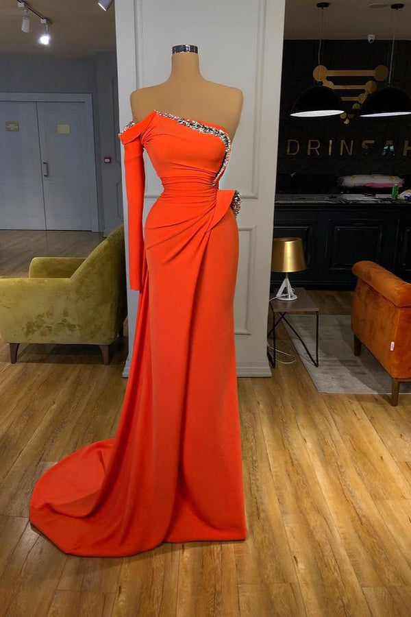 Long sleeves Strapless Orange Sequined Long Prom Dress-stylesnuggle