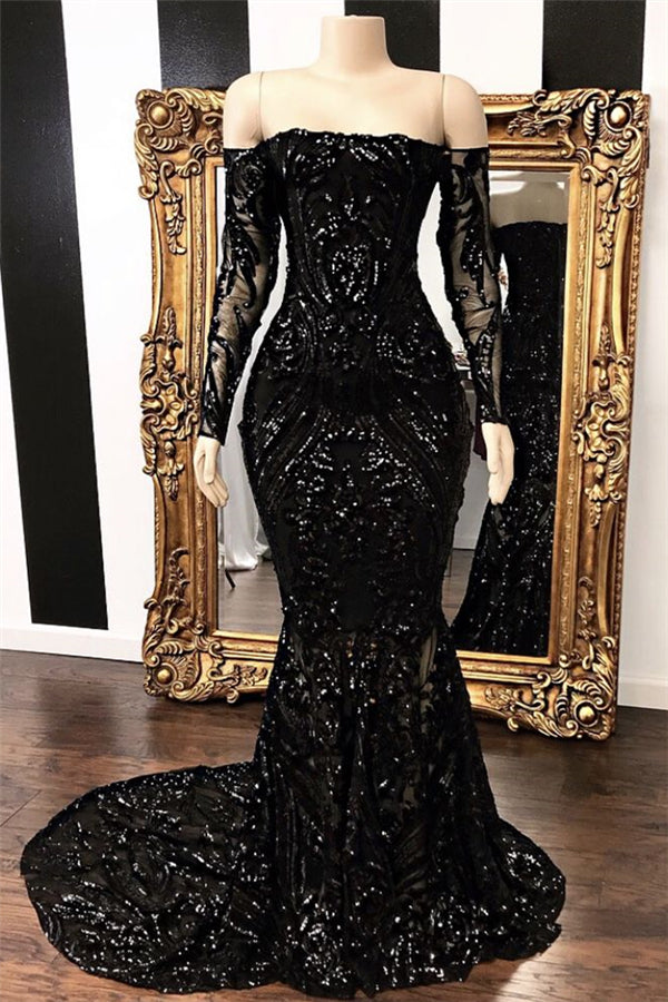 Long Sleeves Strpless Mermaid Prom Dress Black Sequins Long-stylesnuggle