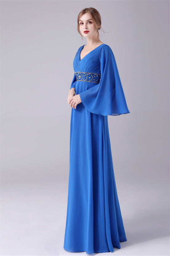 Long sleeves V-neck Ankle-length Backless beading mother's dress-stylesnuggle