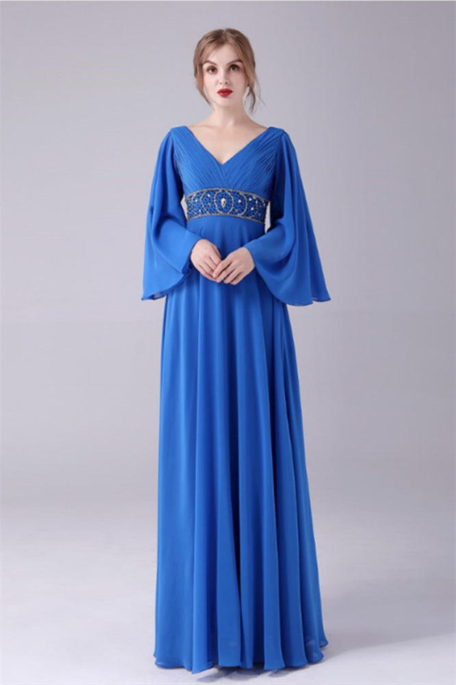 Long sleeves V-neck Ankle-length Backless beading mother's dress-stylesnuggle