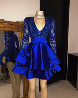 Long Sleeves V-Neck Lace Prom Dress Sequins Blue Short-stylesnuggle